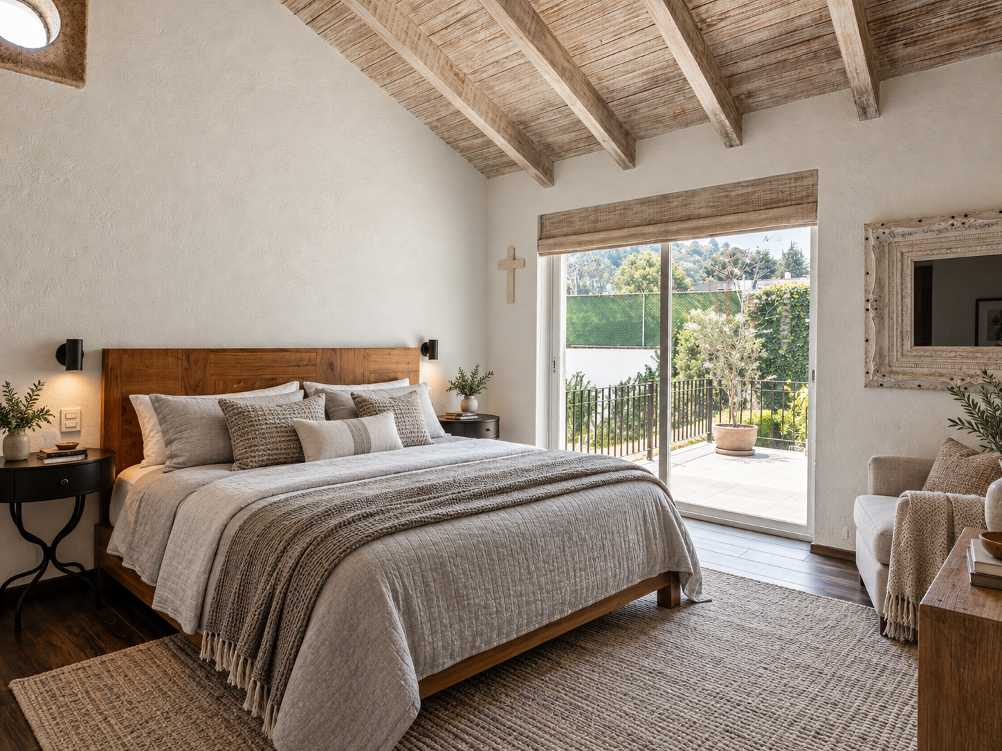 Recámara principal de Rancho San Bartolo con cama de madera, vigas aparentes y ventanal hacia la terraza.