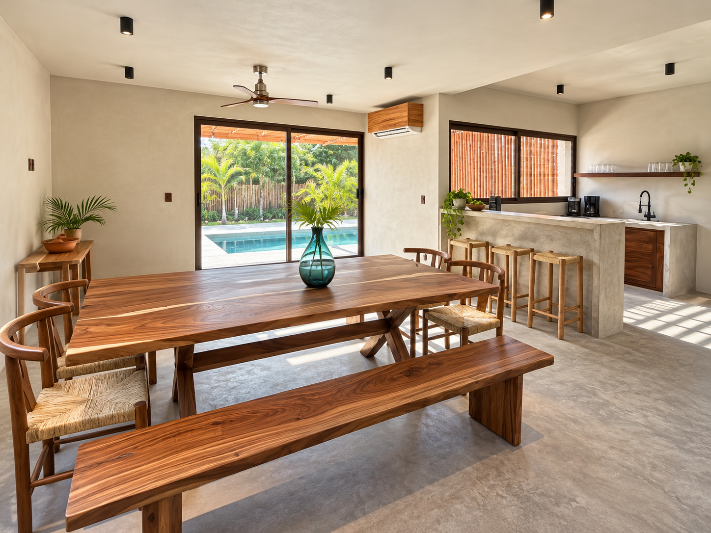 Patio de arquitectura contemporánea con concreto aparente, celosías de bambú y diseño de iluminación natural en Puerto Bambú, desarrollo residencial en Puerto Escondido, Oaxaca, diseñado por JG ARQS.