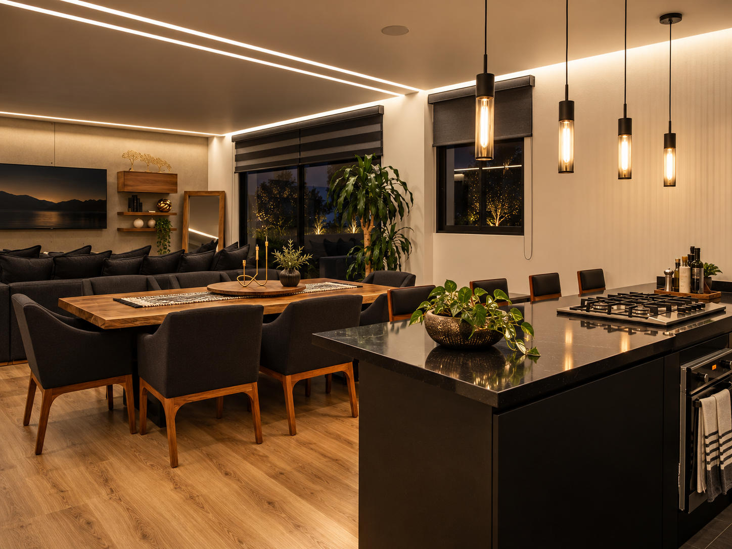 Área social de Casa 6 con cocina de cubierta oscura, comedor y sala de estar.