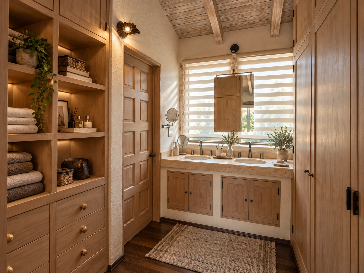 Baño de Rancho San Bartolo con lavabo doble, muebles de madera, estantes abiertos y ventana con persianas.