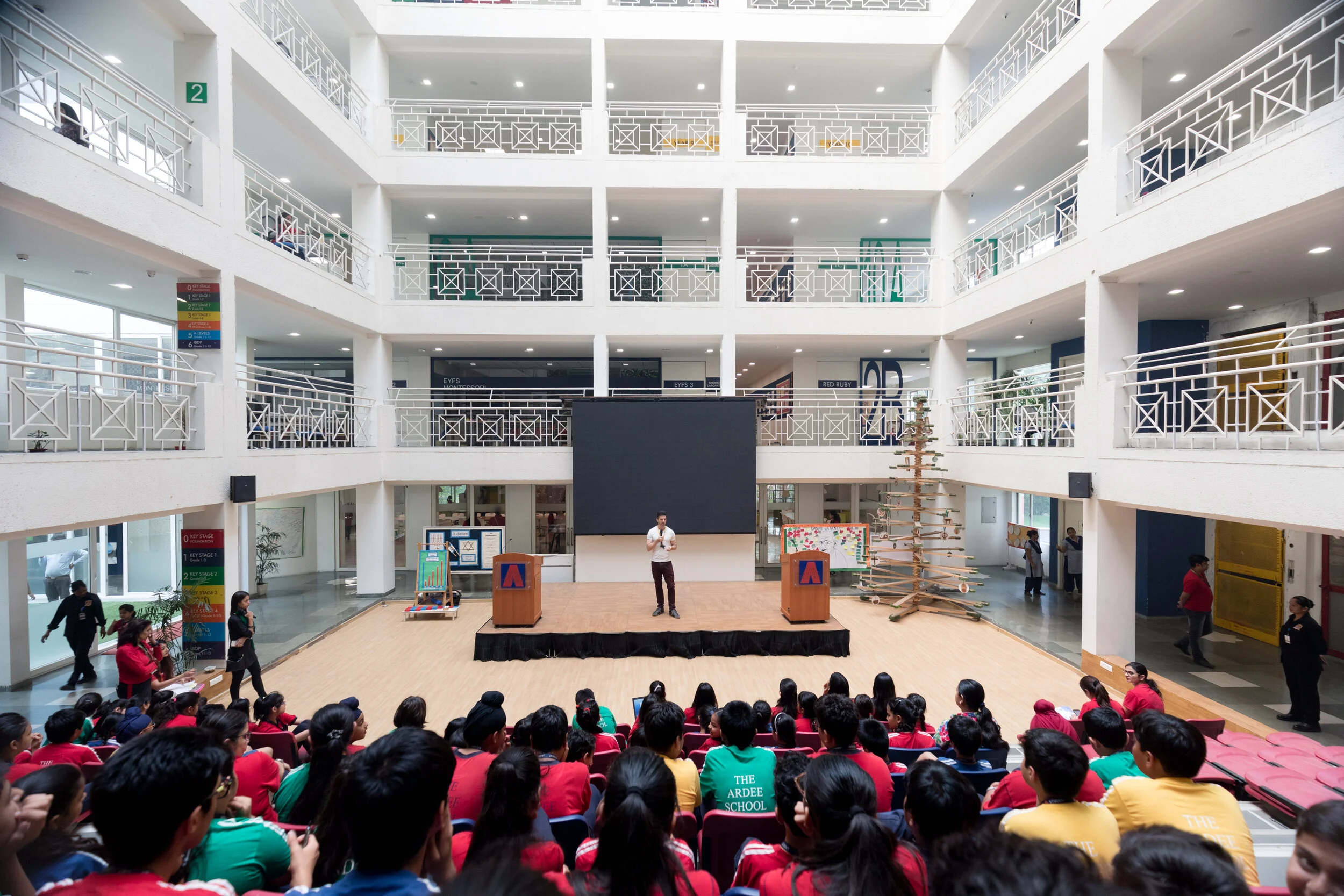 Ballet Rising director Casey Herd speaking with schoolchildren in New Delhi, India about life as a ballet dancer.