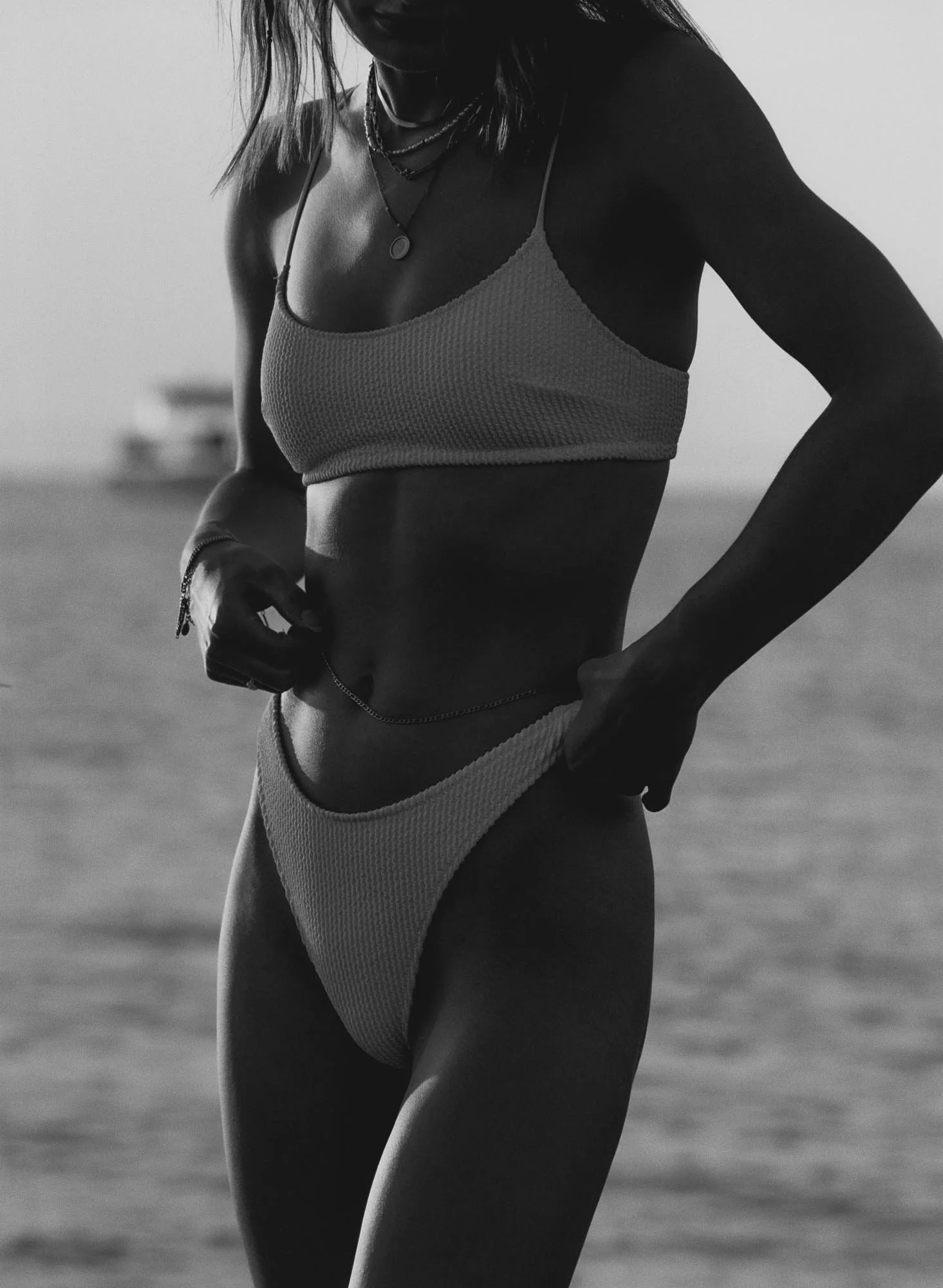 Jasmin Stock photographed by Mike Palmowski in Rhodes. Swimwear shooting on 35mm black & white film.