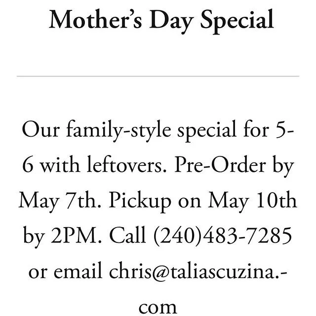 Mother&rsquo;s Day is right around to corner! Let us take care of the cooking for you so you can make everything else super special for her. Call us anytime to pre-order. (240)483-7285. #mothersday #taliascuzina #taliascuzinacatering