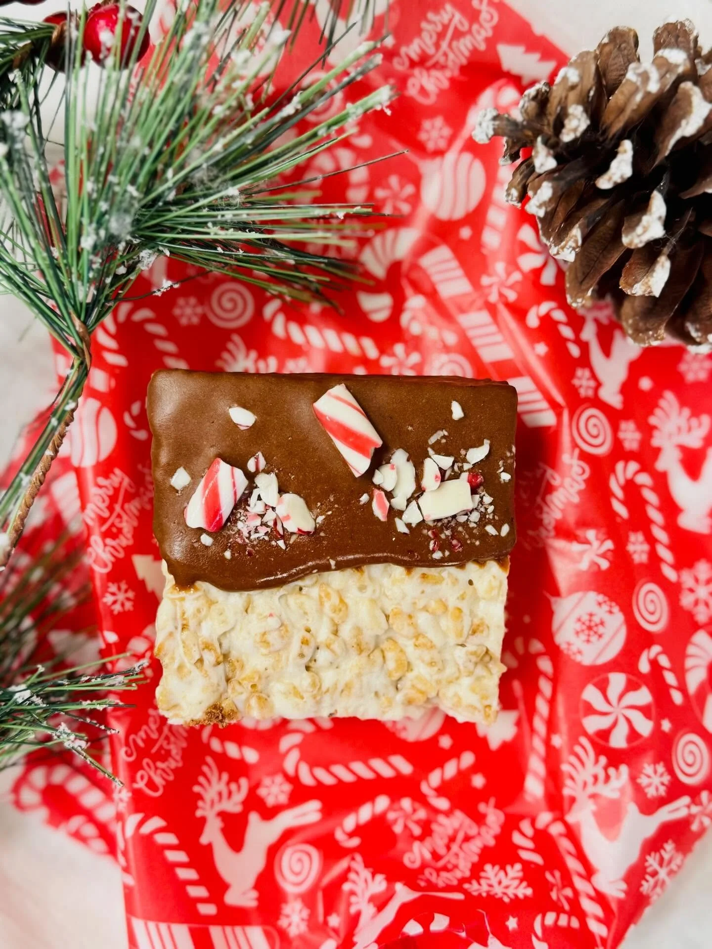 Have you tried our giant holiday rice crispy bar👀?! Half dipped in chocolate and crushed candy cane pieces it&rsquo;s the perfect festive treat! Available online for shipping across the US and at our store front bakery.✨

#candycanes #ricecrispytrea