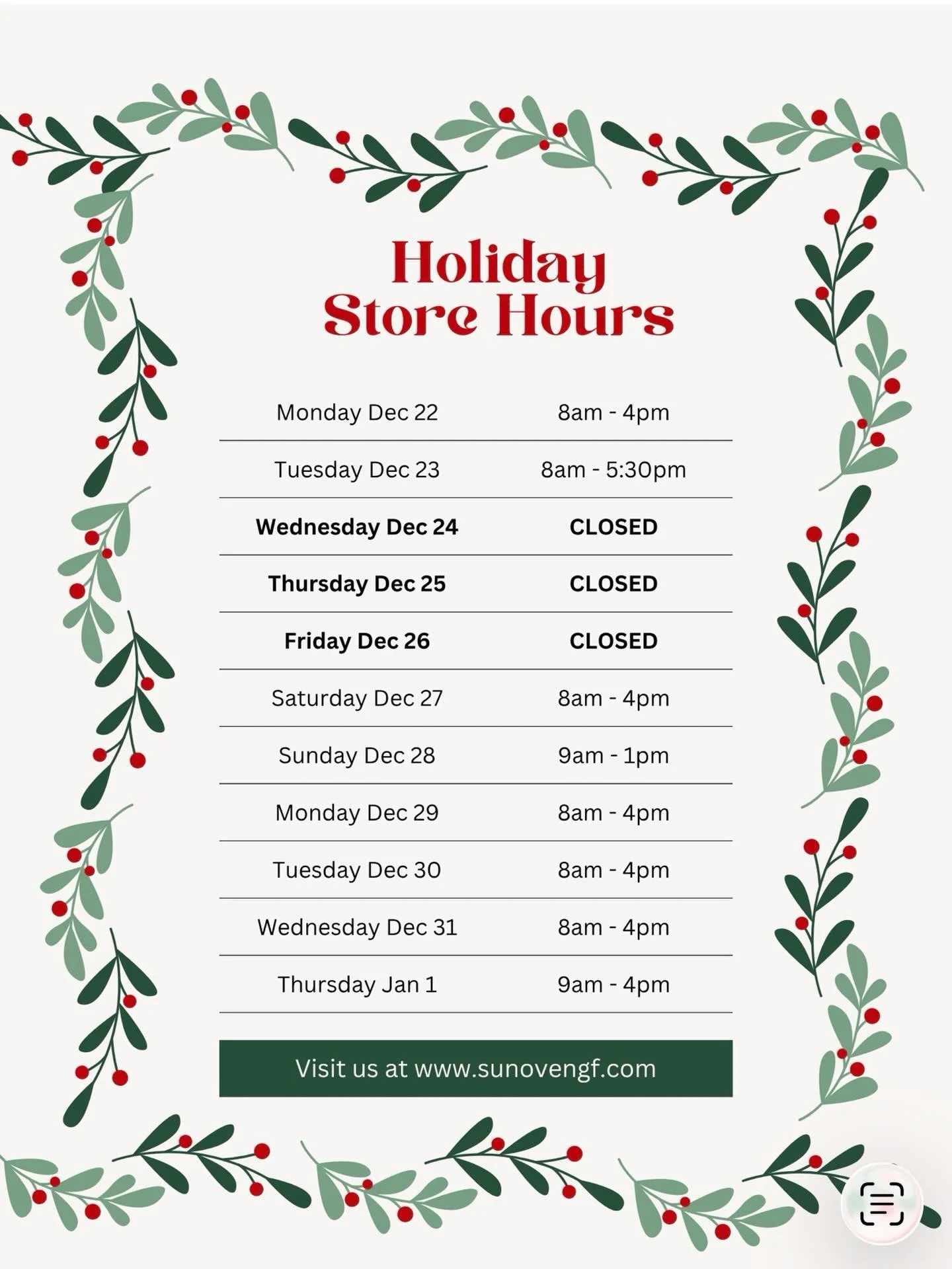 HOLIDAY HOURS🌟

#christmashours #holidayhours #ojai