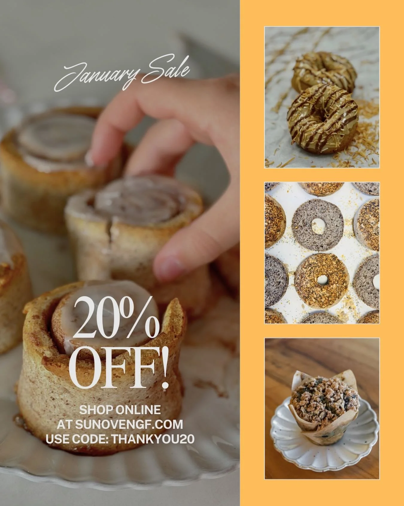 20% off all online orders for the month of January✨! Use code THANKYOU20 at checkout. 

#sunovenglutenfree #ojaibakery #glutenfreefood #allergenfriendly