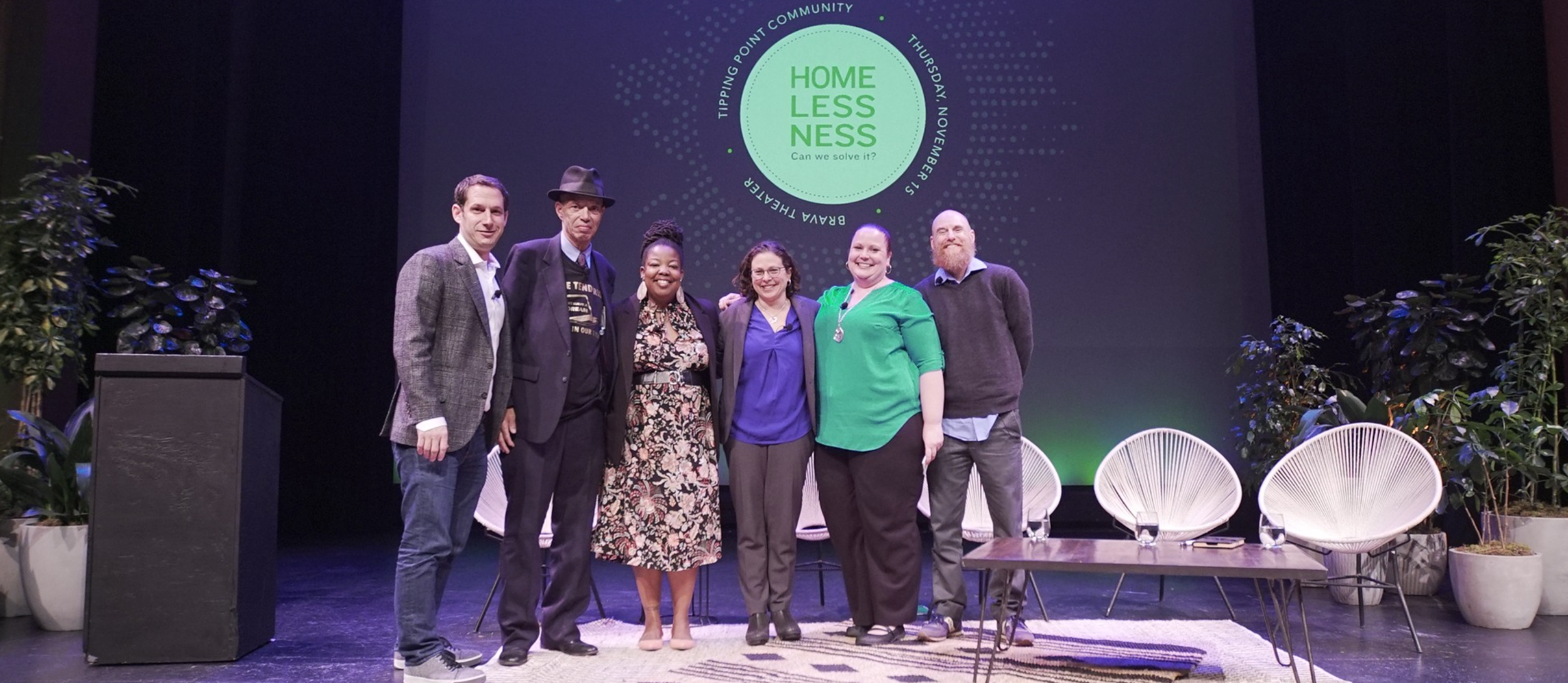 Daniel Lurie, CEO + Founder of Tipping Point; Del Seymour, Founder of Code Tenderloin; Tomiquia Moss, CEO of Hamilton Families; Dr. Margot Kushel, Director of UCSF Center for Vulnerable Populations; Amber Twitchell, Associate Director of On the Move; and Brian Blalock, Director of Law + Policy at Tipping Point