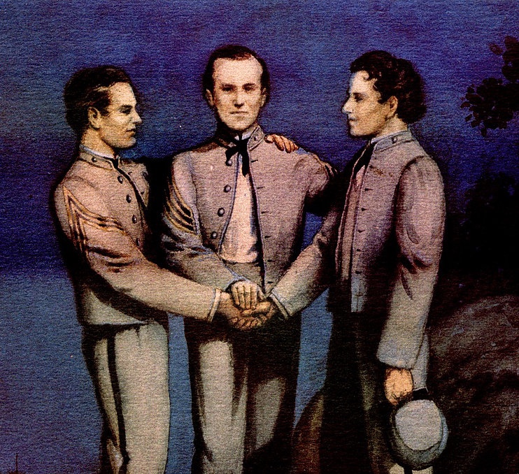 Painting of the Founding of Sigma Nu featuring James Frank Hopkins, Greenfield Quarles, and James McIlvaine Riley.
