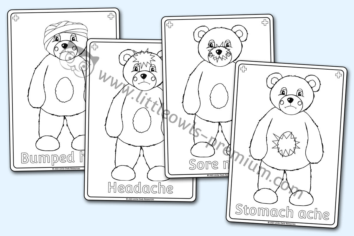 POORLY TEDDY - A5 COLOURING POSTERS (Labelled)