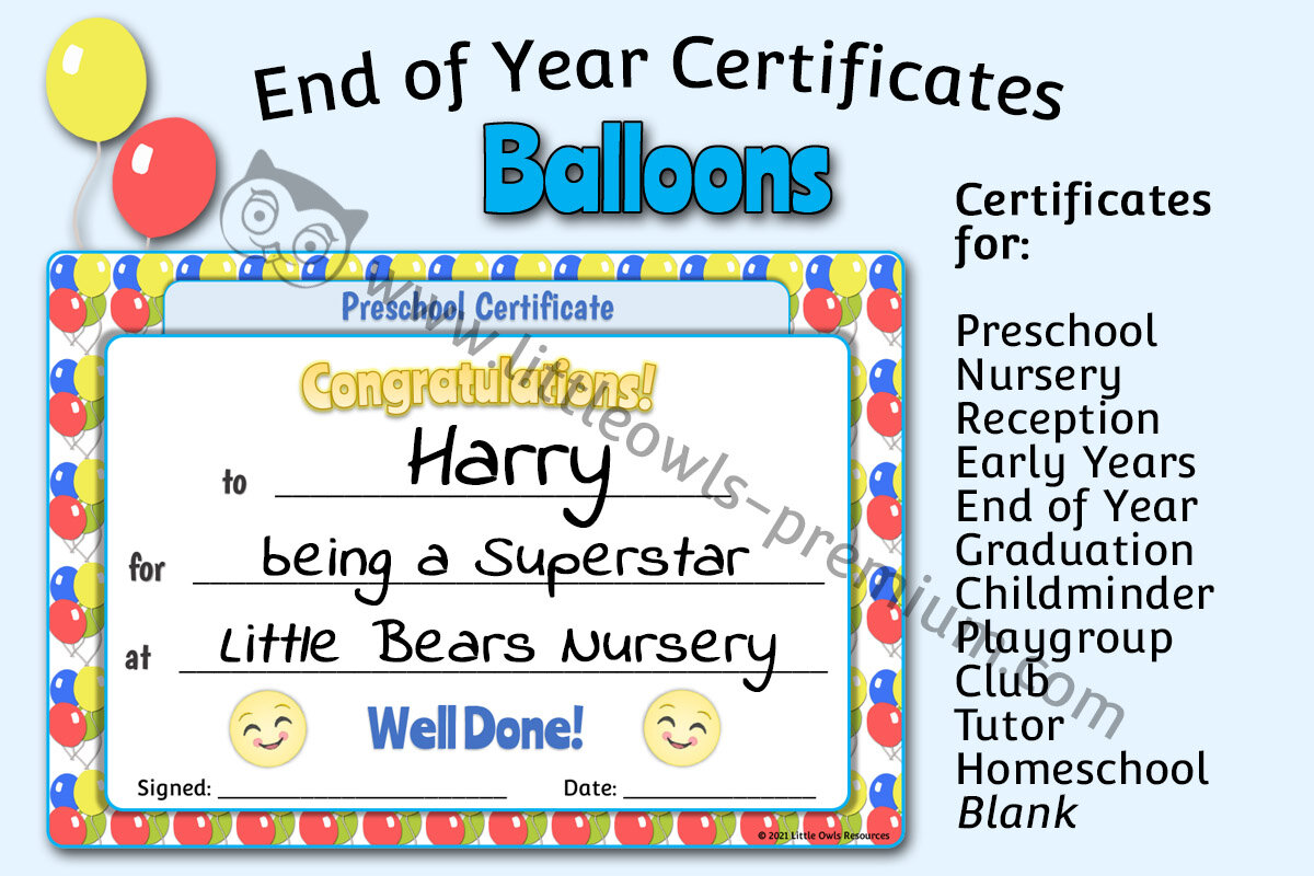 END OF YEAR CERTIFICATES - Balloons