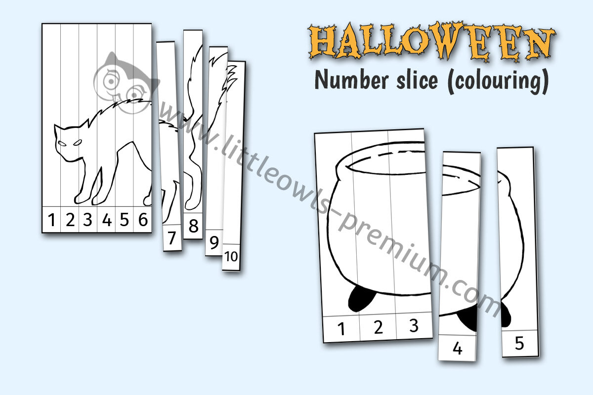 HALLOWEEN NUMBER SLICE PUZZLES - COLOURING