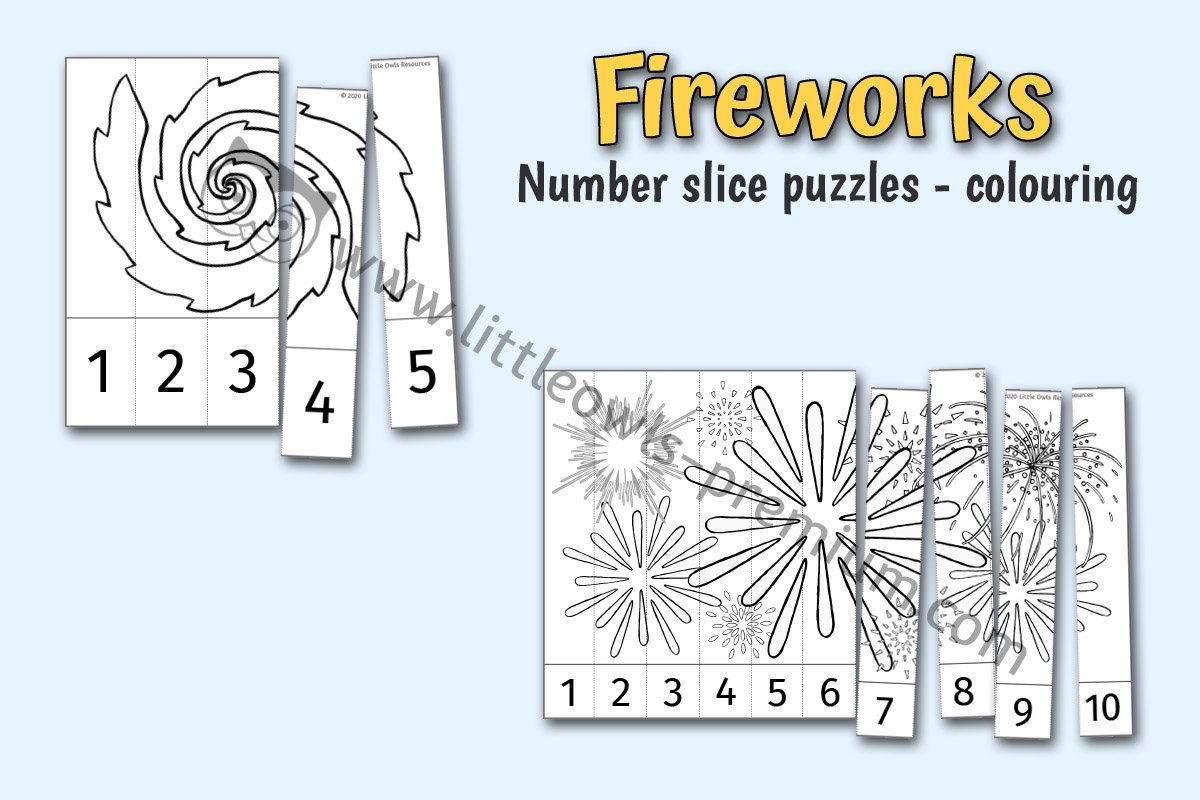 FIREWORK NUMBER SLICE PUZZLES (1-5 & 1-10) - COLOURING