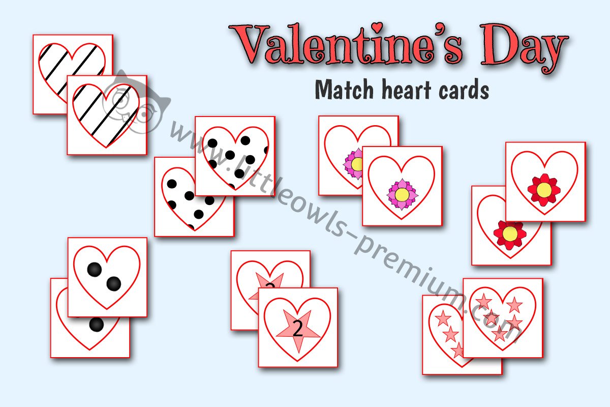 MATCH THE HEART CARDS - PATTERNS, SHAPES, NUMBERS