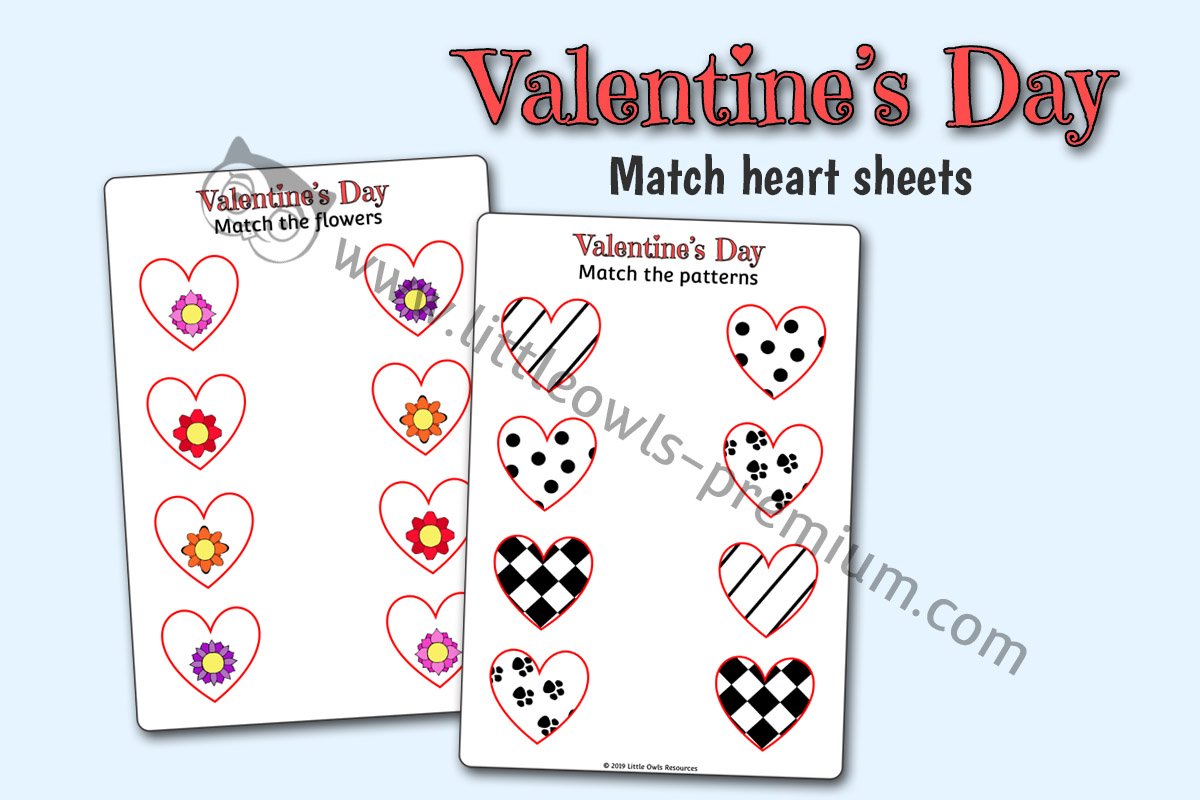 MATCH THE HEART SHEETS - PATTERNS, SHAPES, NUMBERS
