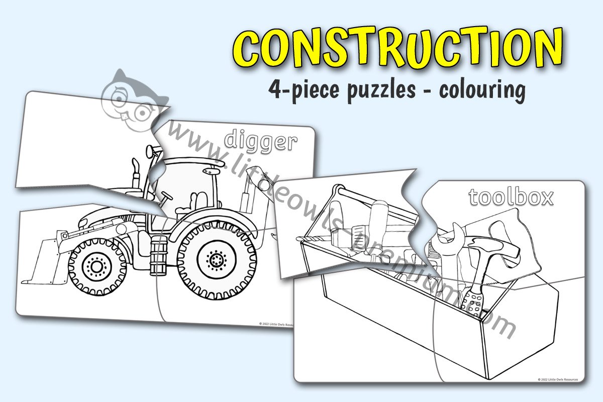 CONSTRUCTION - 4-Piece Puzzles - Colouring 
