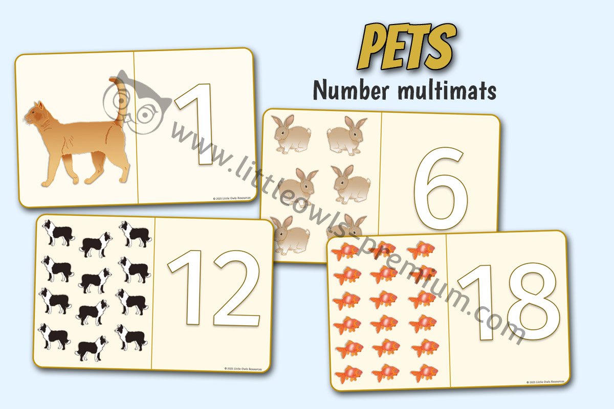 PETS NUMBER MULTIMATS - PLAYDOUGH, WHITEBOARD & PEN OR LOOSE PARTS