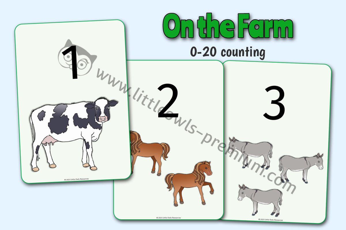 FARM ANIMALS AND THEIR YOUNG COUNTING DISPLAY/FLASHCARDS/ACTIVITY (0-20)