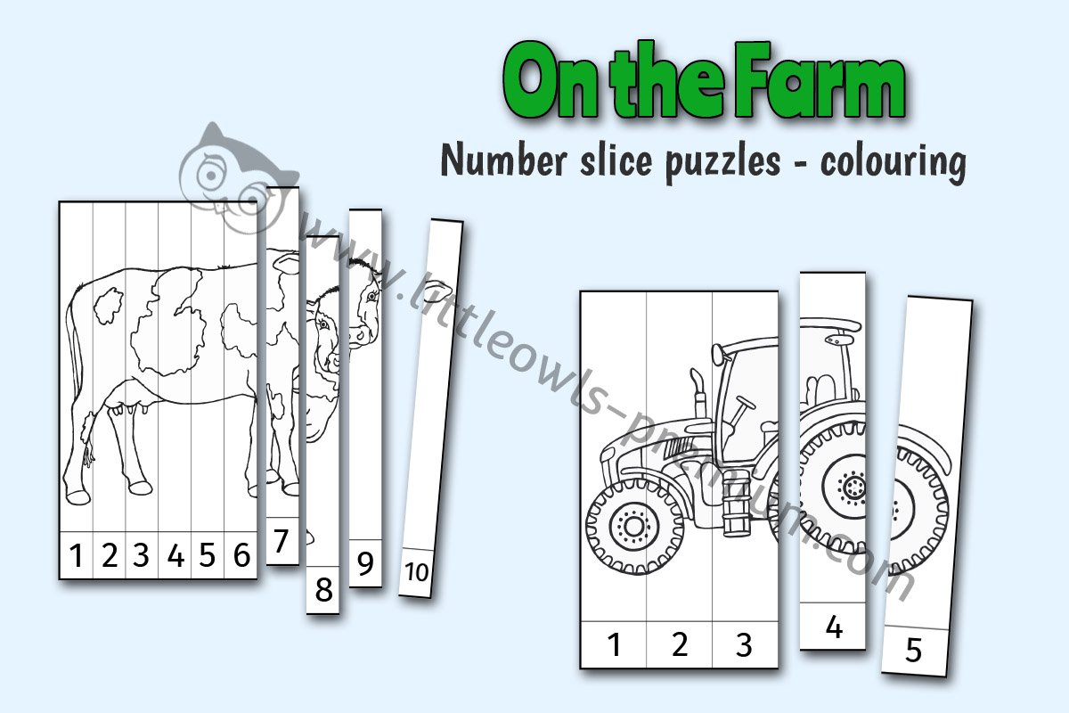 'ON THE FARM' NUMBER SLICE PUZZLES - COLOURING VERSION