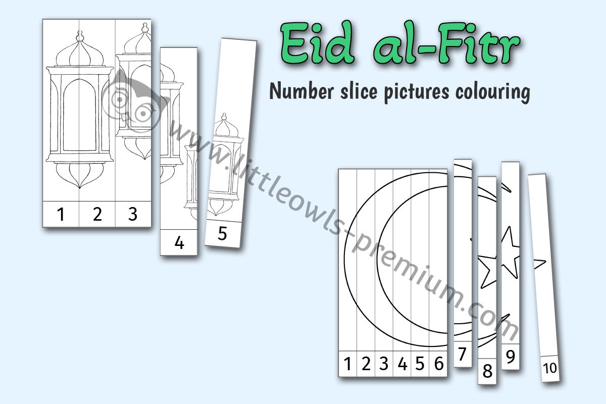EID AL-FITR NUMBER SLICE PUZZLES -COLOURING (1-5 & 1-10)