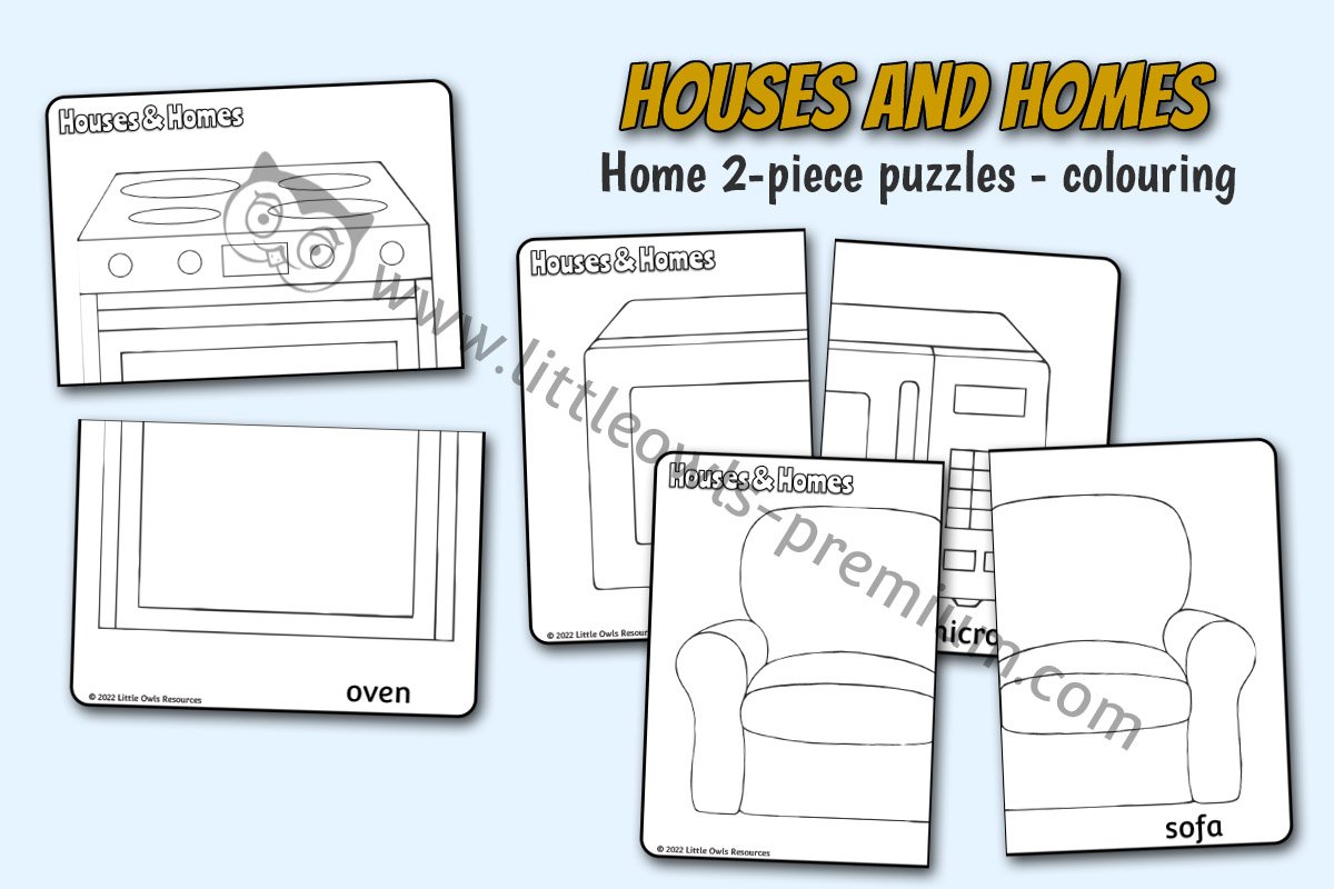 HOUSES AND HOMES - 2-Piece Puzzles - Colouring (Household Objects)