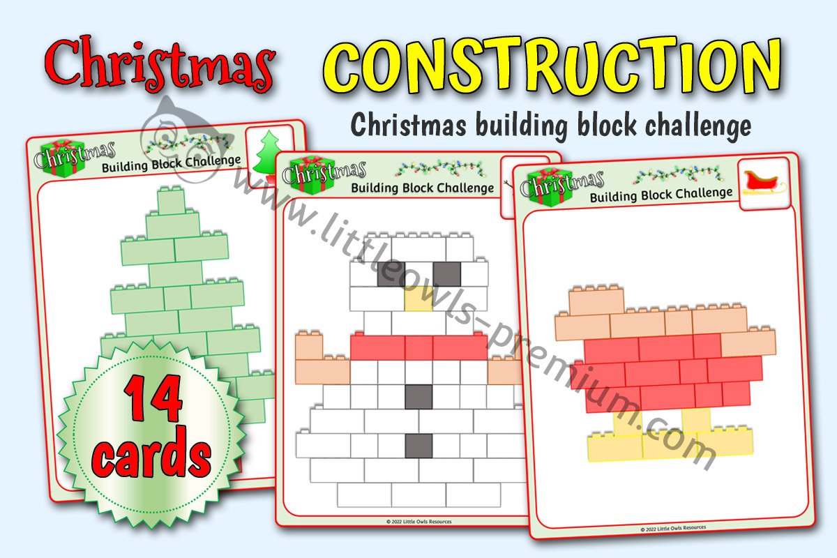 CONSTRUCTION - CHRISTMAS Building Block Pattern/Colour Challenge Cards