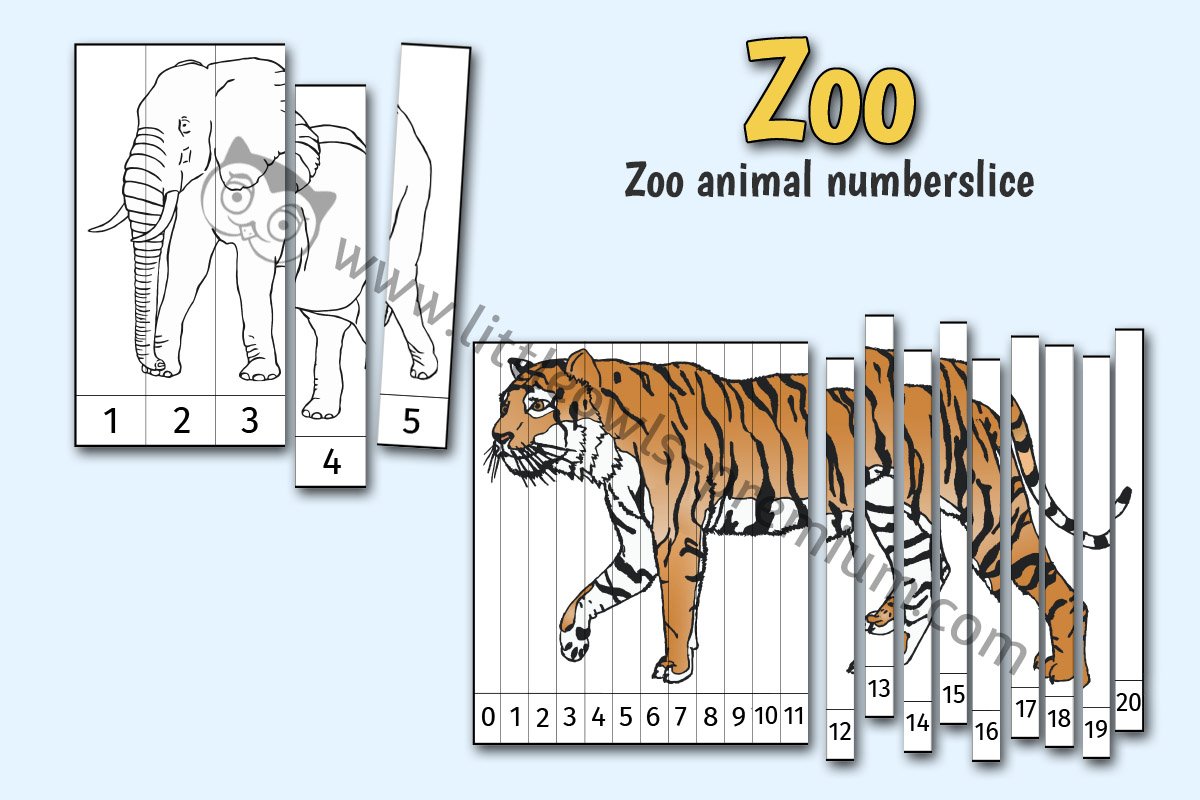 ZOO ANIMAL NUMBER SLICE PUZZLES (1-5, 1-10, 0-20) - FULL COLOUR AND COLOURING VERSIONS