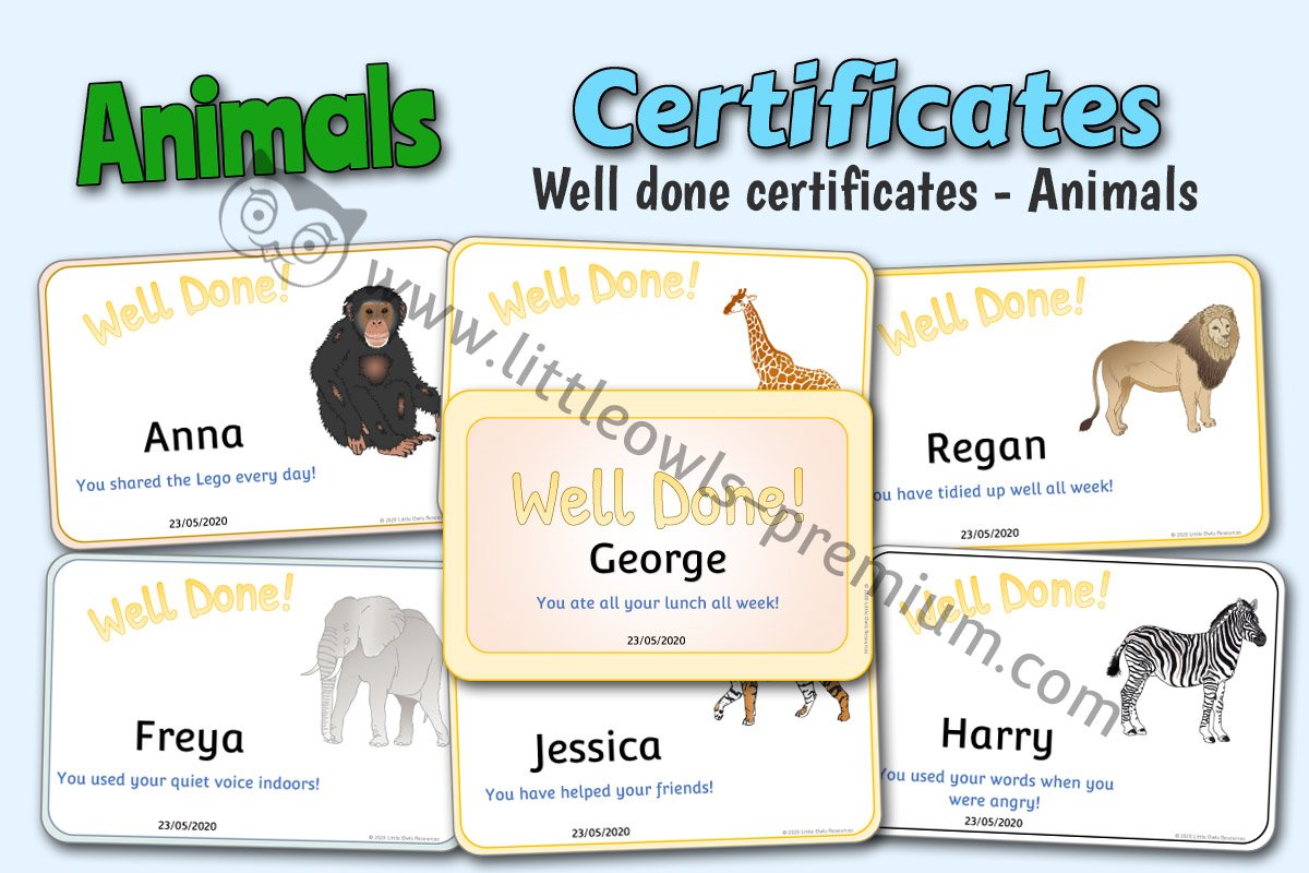 WILD ANIMALS THEMED 'WELL DONE!' CERTIFICATES 