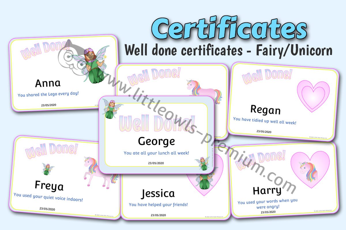 FAIRY & UNICORN THEMED 'WELL DONE!' CERTIFICATES 