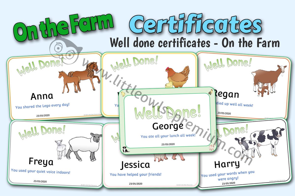 FARM ANIMAL THEMED 'WELL DONE!' CERTIFICATES 