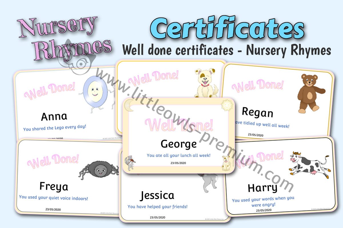 NURSERY RHYMES THEMED 'WELL DONE!' CERTIFICATES 