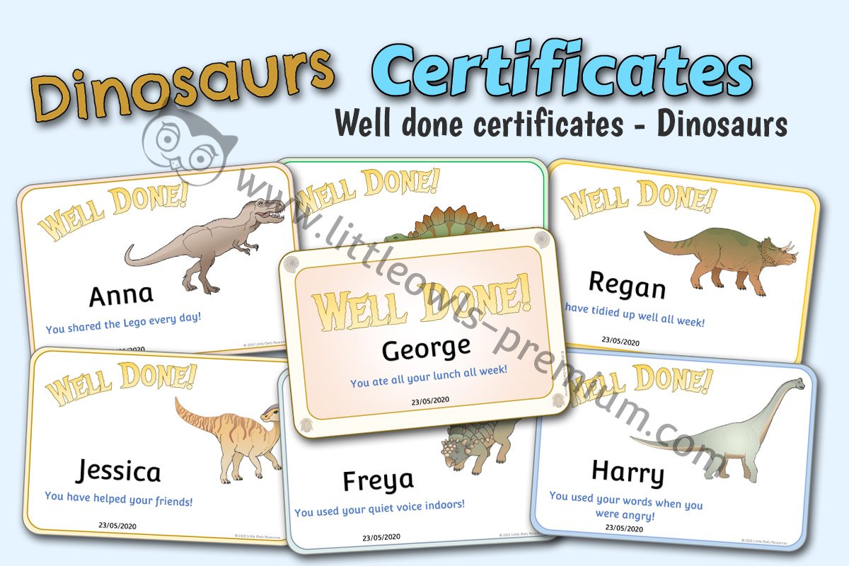 DINOSAUR THEMED 'WELL DONE!' CERTIFICATES