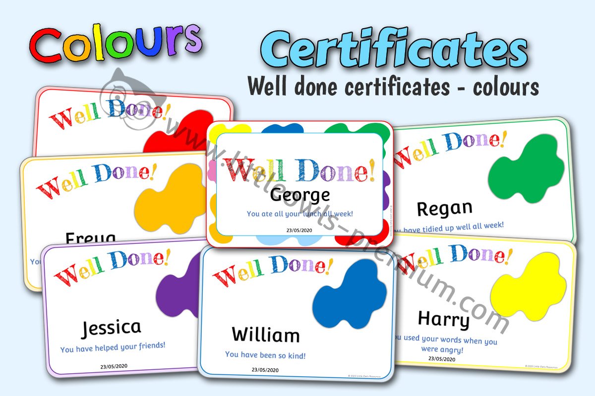 COLOURS THEMED 'WELL DONE!' CERTIFICATES 