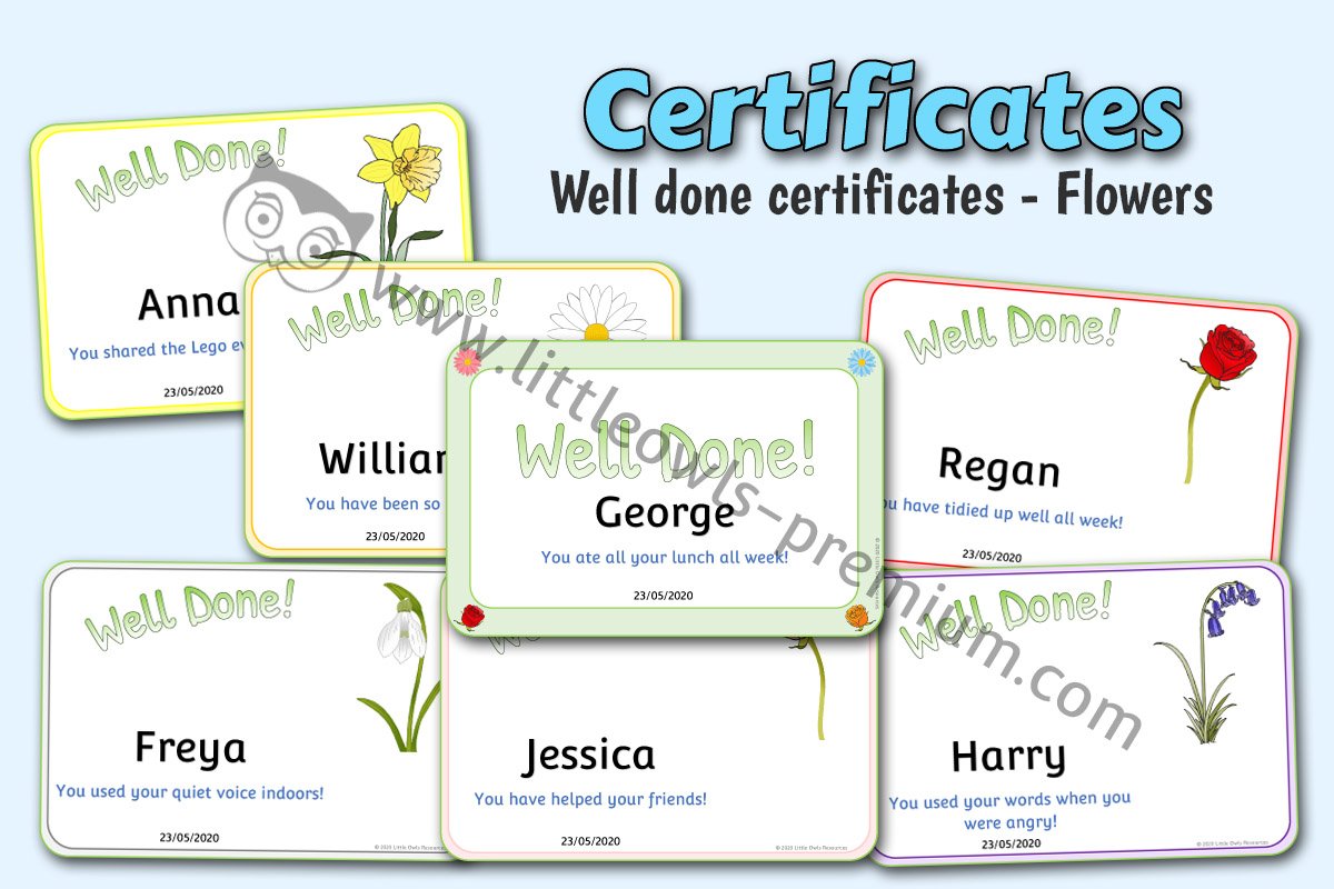 FLOWER THEMED 'WELL DONE!' CERTIFICATES 