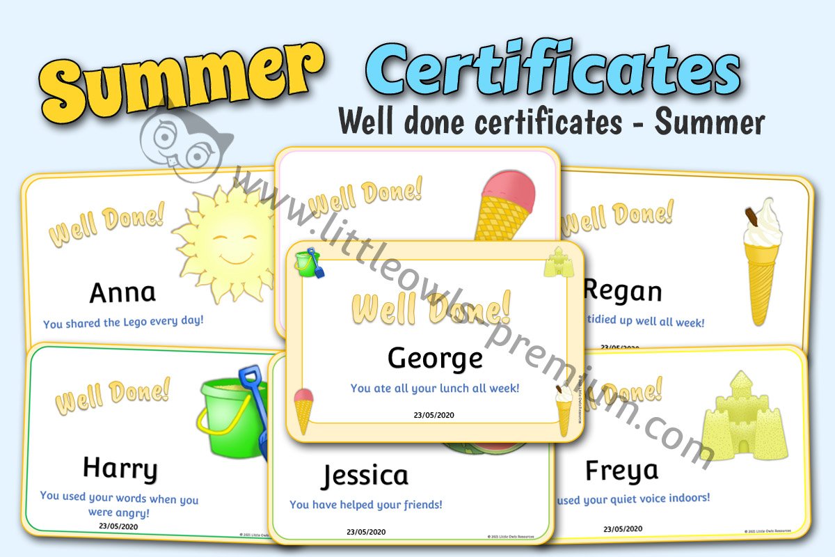 SUMMER THEMED 'WELL DONE!' CERTIFICATES 