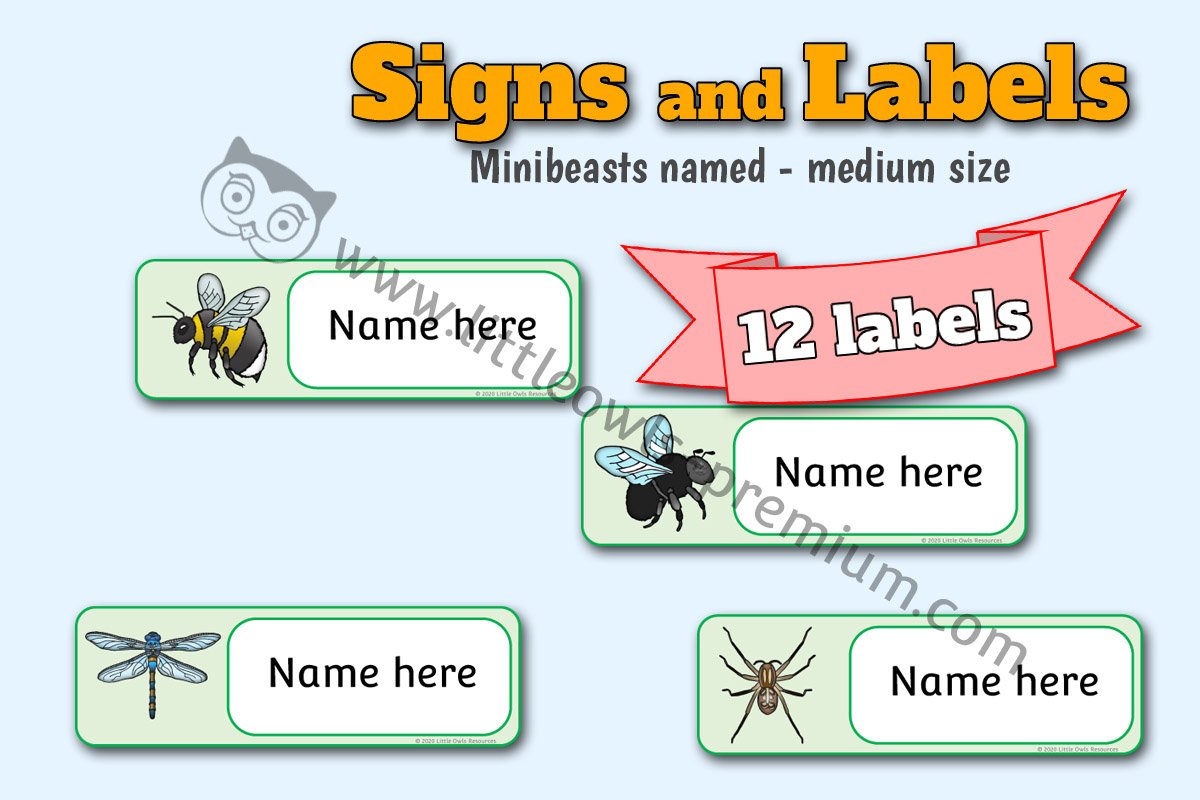 'MINIBEAST' NAMED MEDIUM SIZED LABELS - cut & stick