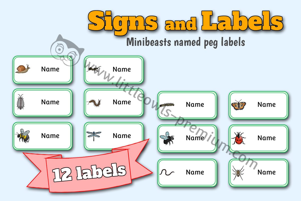 'MINIBEAST' NAMED PEG LABELS - Cut & Stick