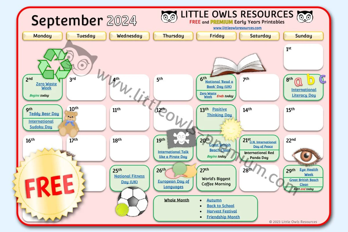 Special Dates Calendar Early Years/EYFS/Preschool Festivals