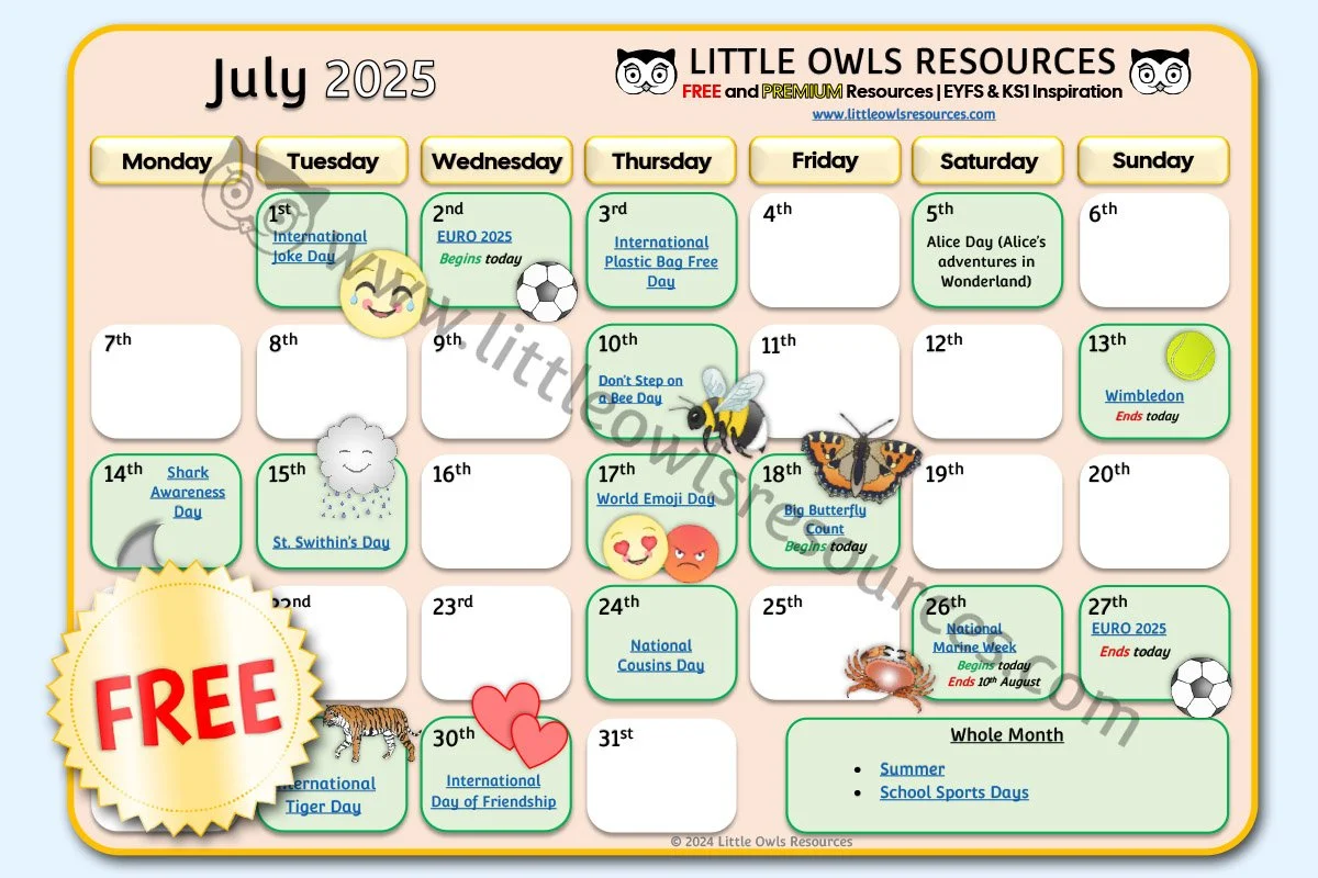 SPECIAL DATES EVENT CALENDAR - JULY 2025 (Free Download) - UPDATED 28.06.25