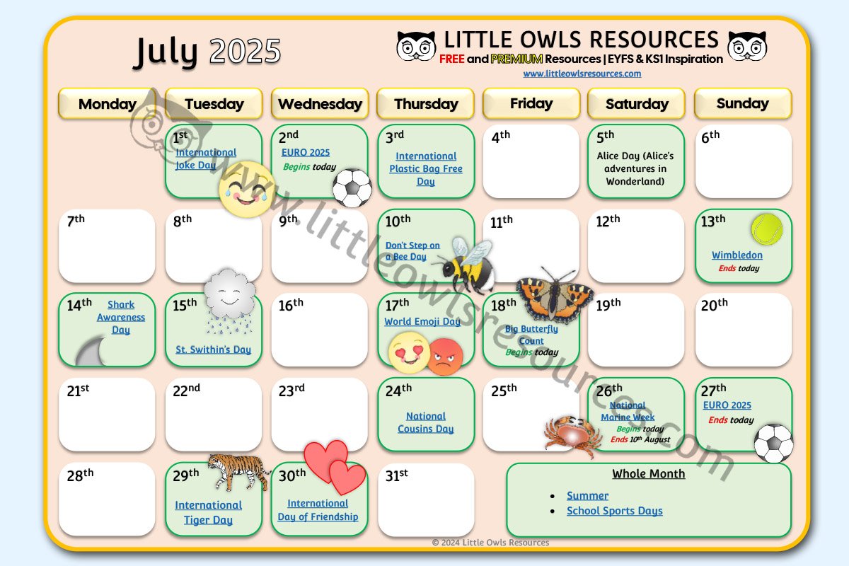 July Special Date Events Calendar | EYFS & KS1