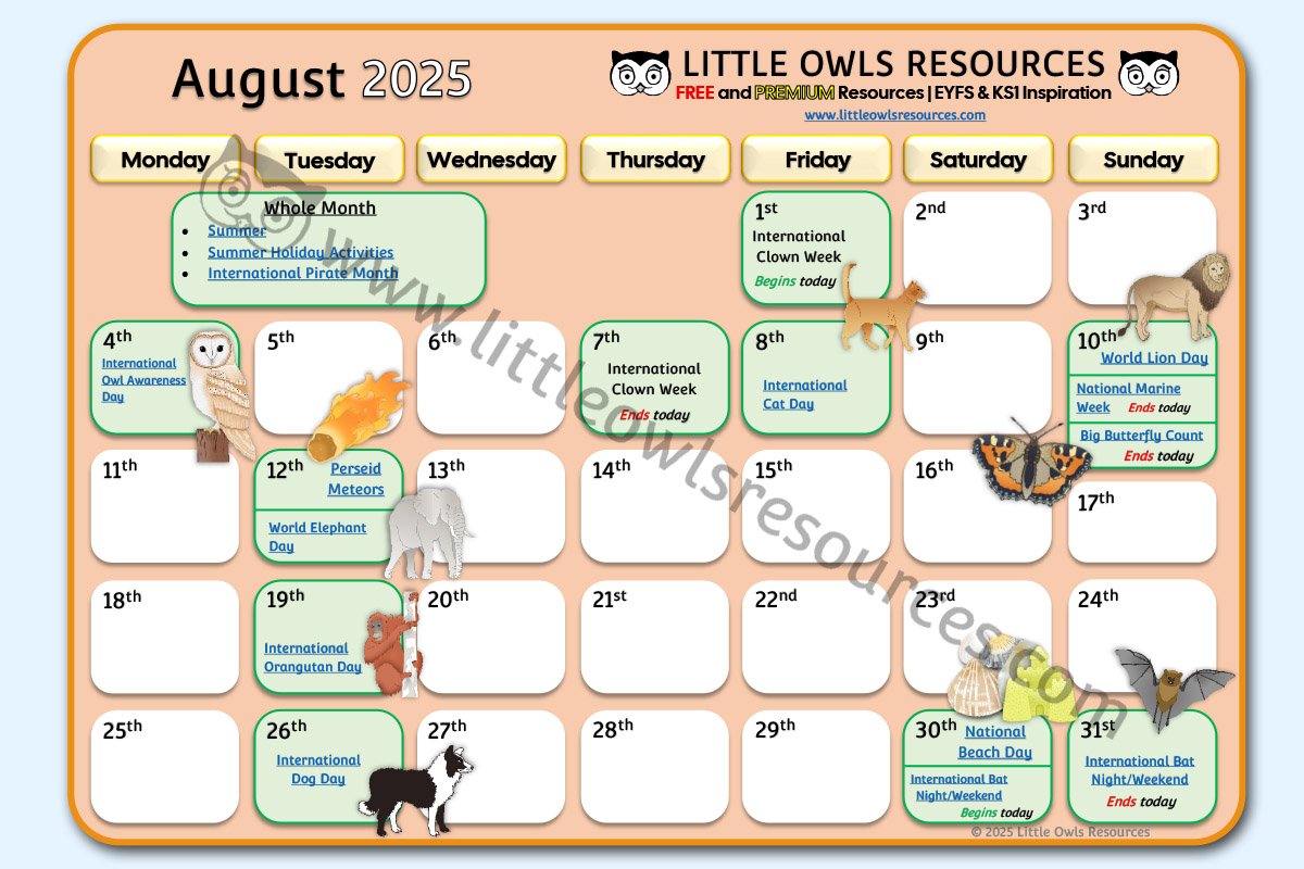 August Special Date Events Calendar | EYFS & KS1