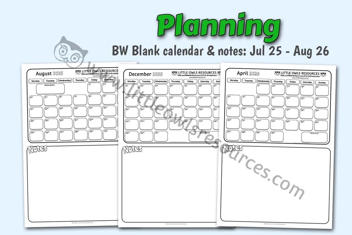 PLANNING - Blank Calendar and Notes Sheets (BW)