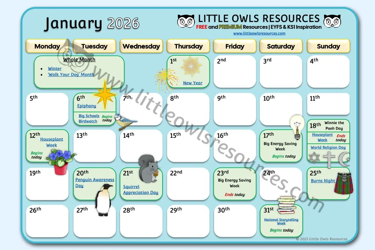January Special Date Events Calendar | EYFS & KS1