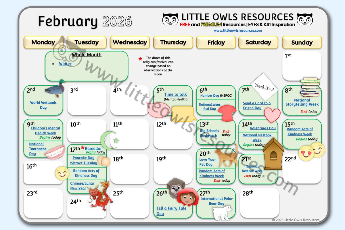 February Special Date Events Calendar | EYFS & KS1