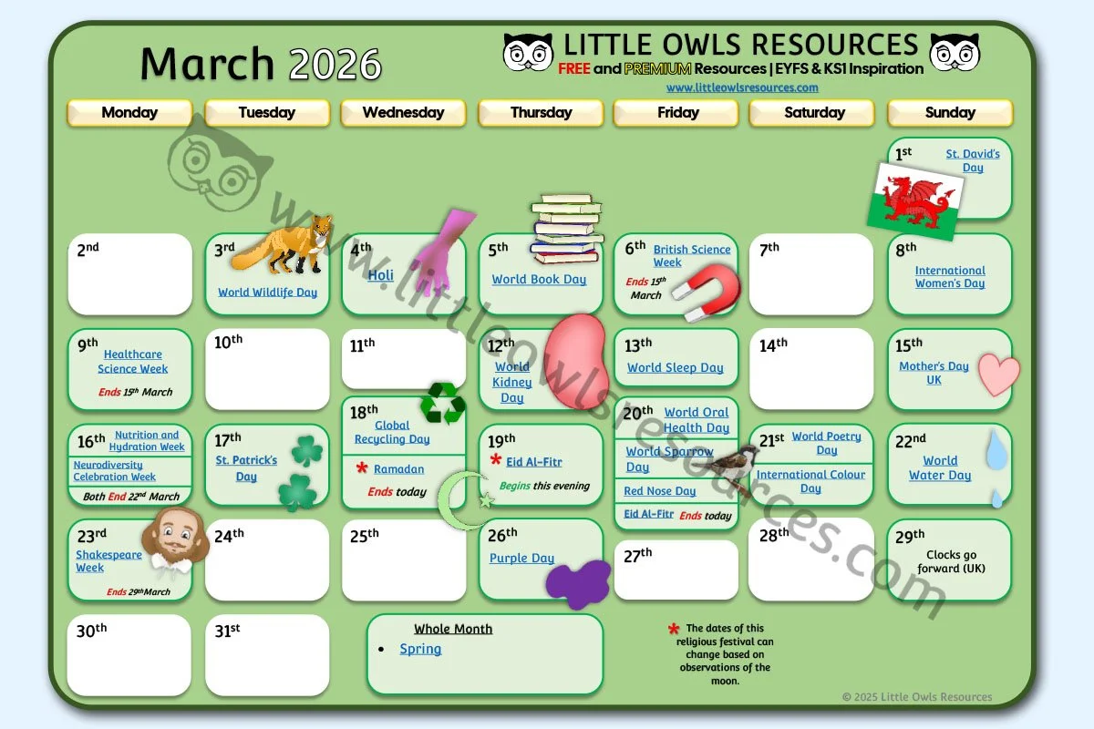 March Special Date Events Calendar | EYFS & KS1