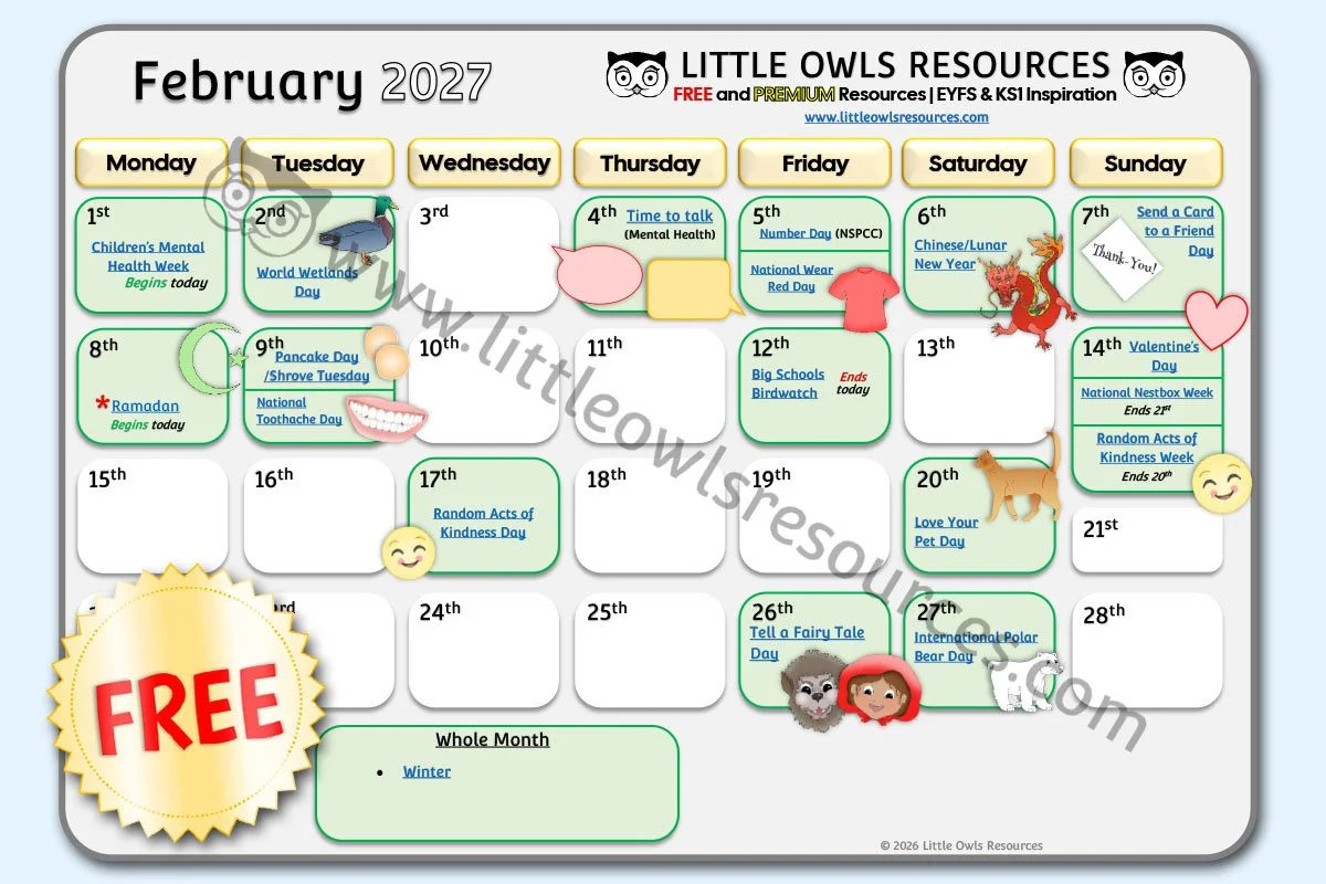 SPECIAL DATES EVENT CALENDAR - FEBRUARY 2027 (Free Download) - UPDATED 11.03.26