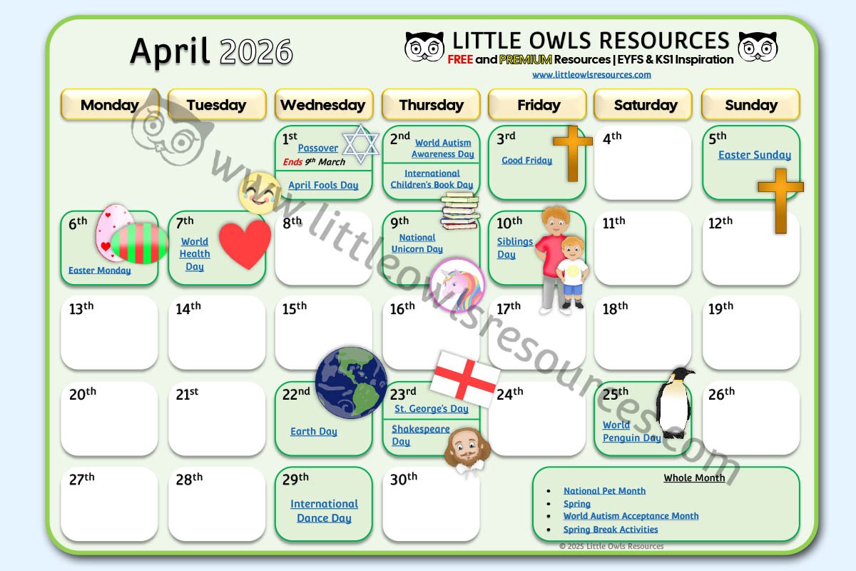 April Special Date Events Calendar | EYFS & KS1