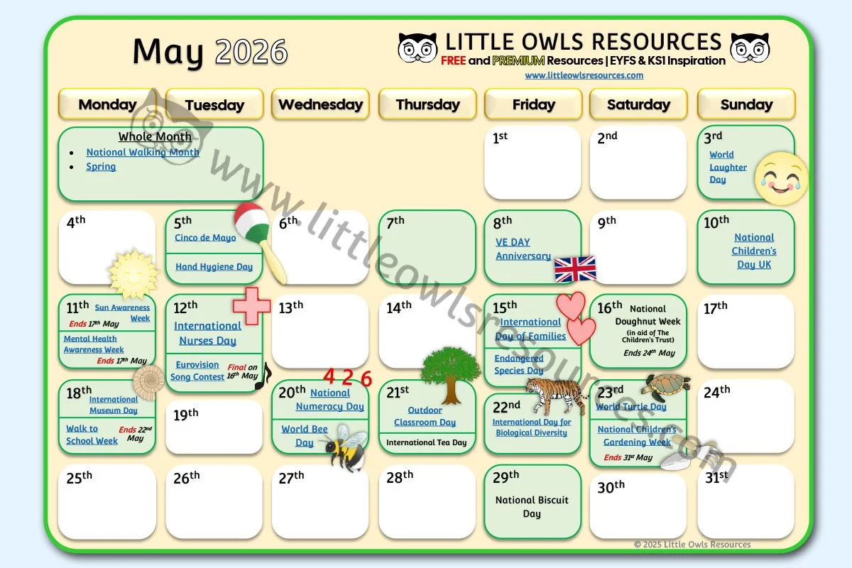 May Special Date Events Calendar | EYFS & KS1