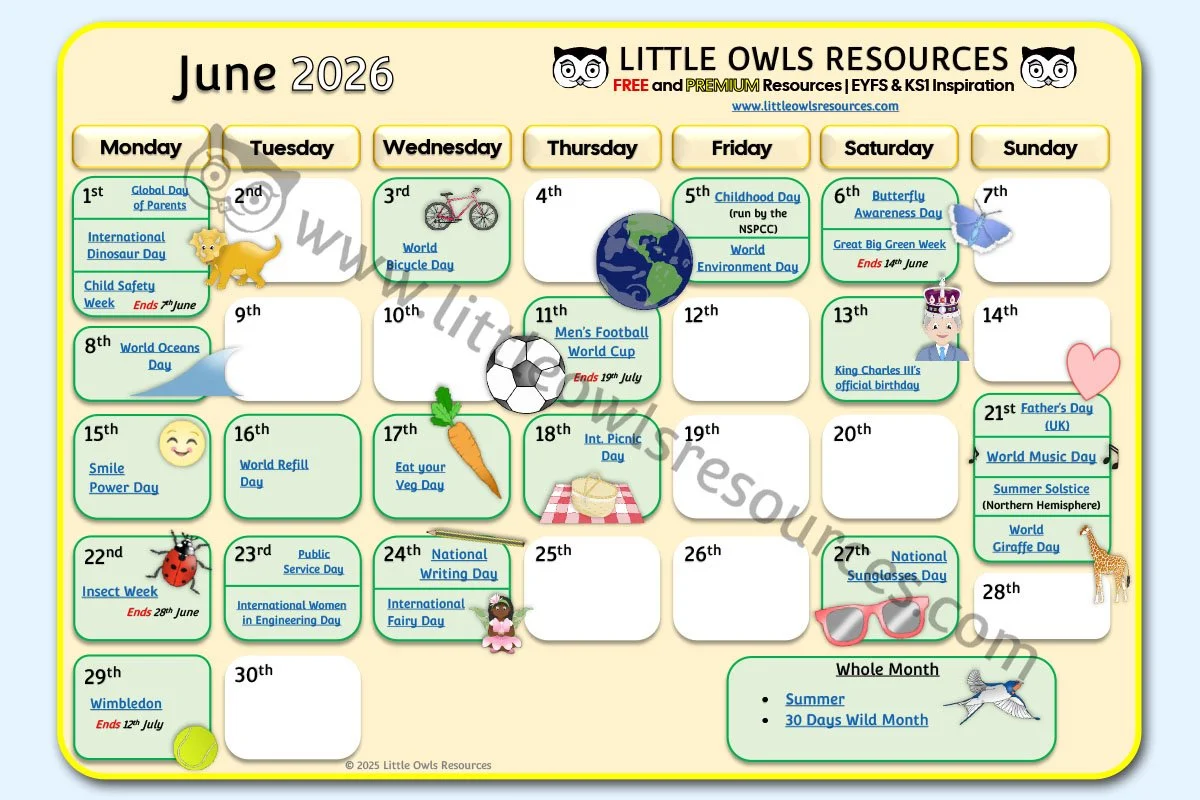 June Special Date Events Calendar | EYFS & KS1