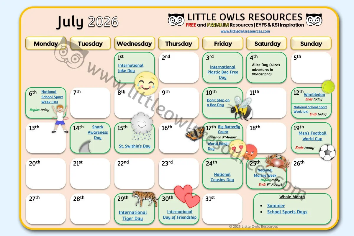 July Special Date Events Calendar | EYFS & KS1