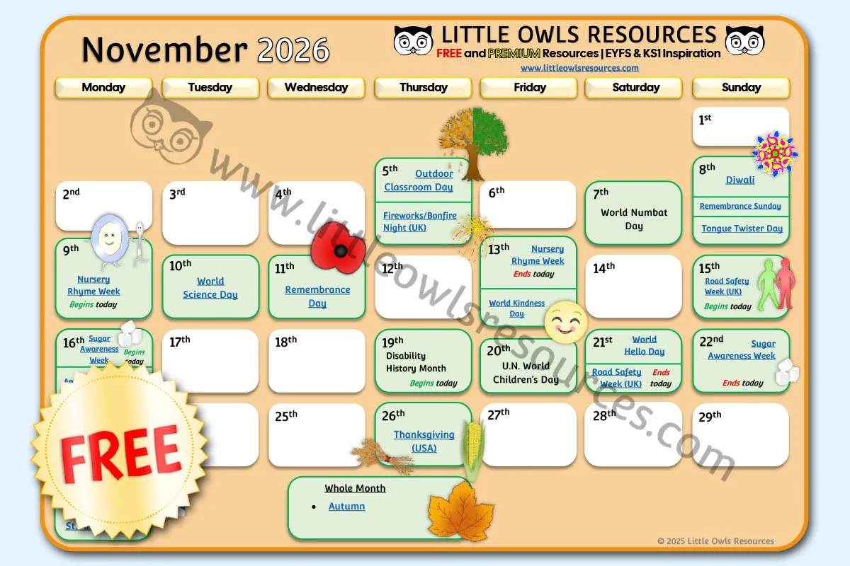 SPECIAL DATES EVENT CALENDAR - NOVEMBER 2026 (Free Download) - UPDATED 01.07.26